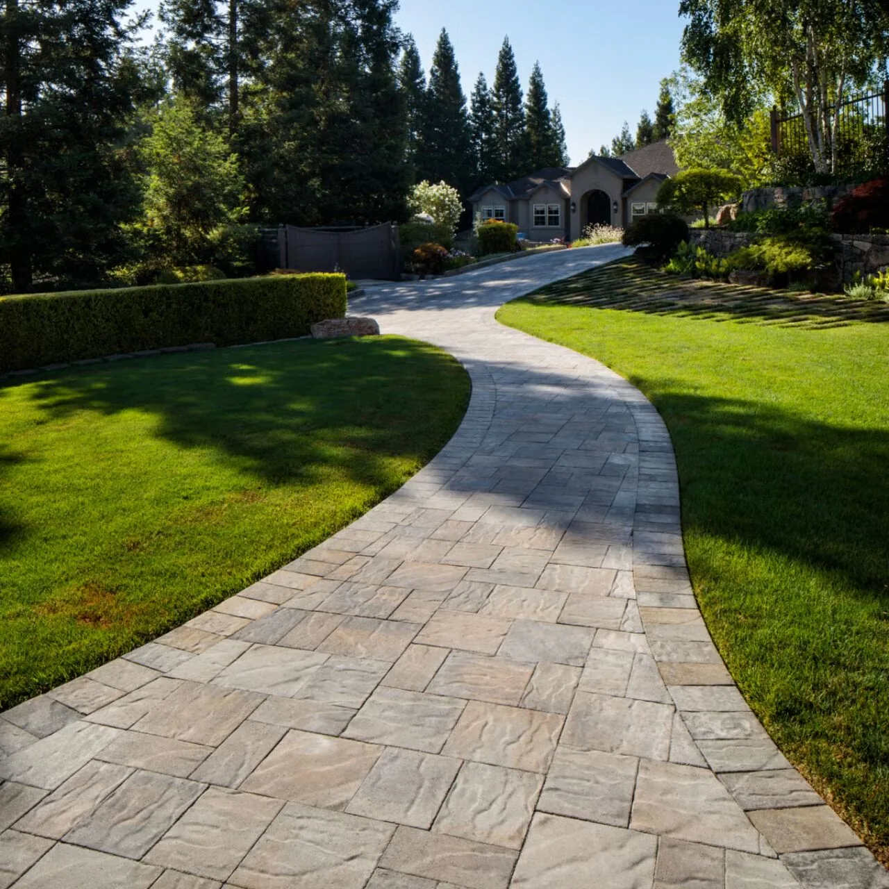 Long curved paver driveway passing between lawns and trees toward a home.