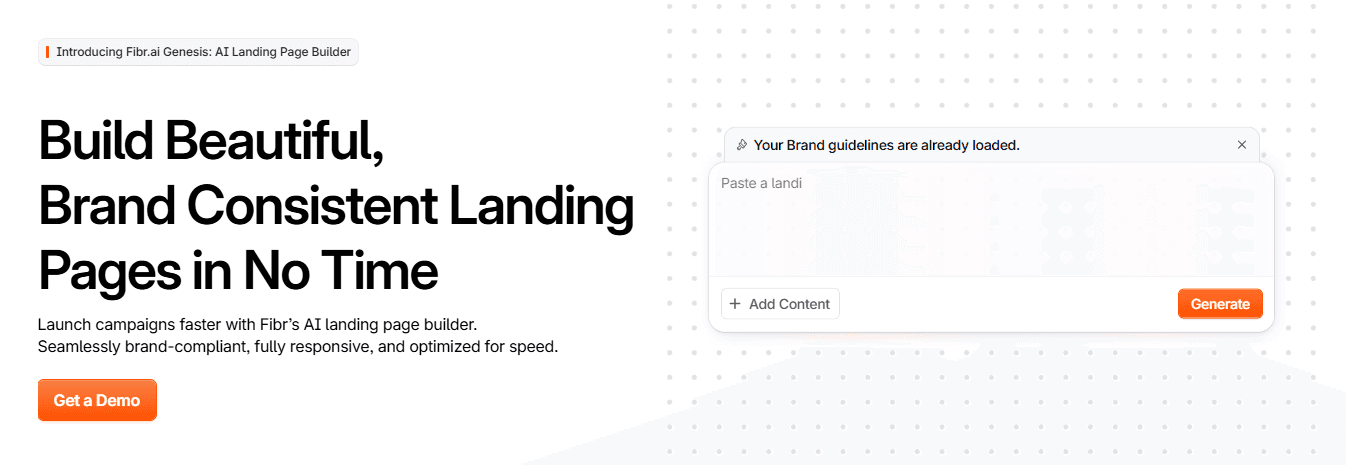 Fibr Genesis landing page section promoting an AI landing page builder with a bold headline, orange CTA button, and interface mockup for generating brand-consistent landing pages.