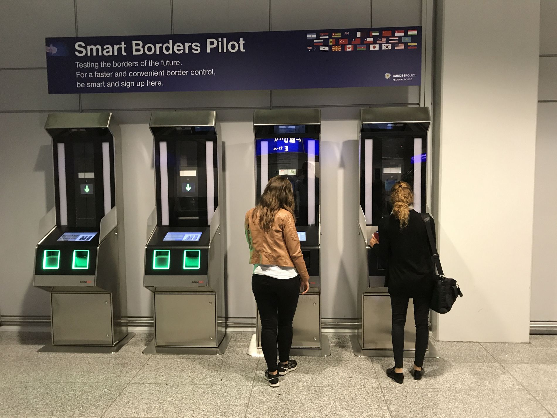 Biometric kiosk for Entry/Exit System at a European border checkpoint, symbolizing the shift toward digital security.