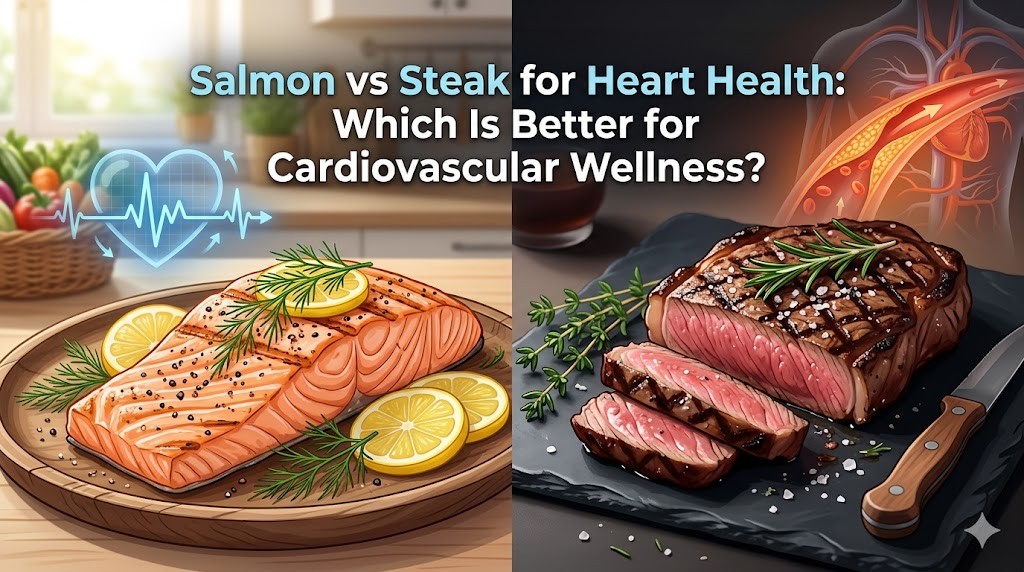 A split-screen illustration for an article titled "Salmon vs Steak for Heart Health." The left side shows a grilled salmon fillet with lemons and an ECG heart icon, representing healthy fats. The right side shows a medium-rare steak with grill marks and an anatomical heart graphic, comparing cardiovascular impacts.