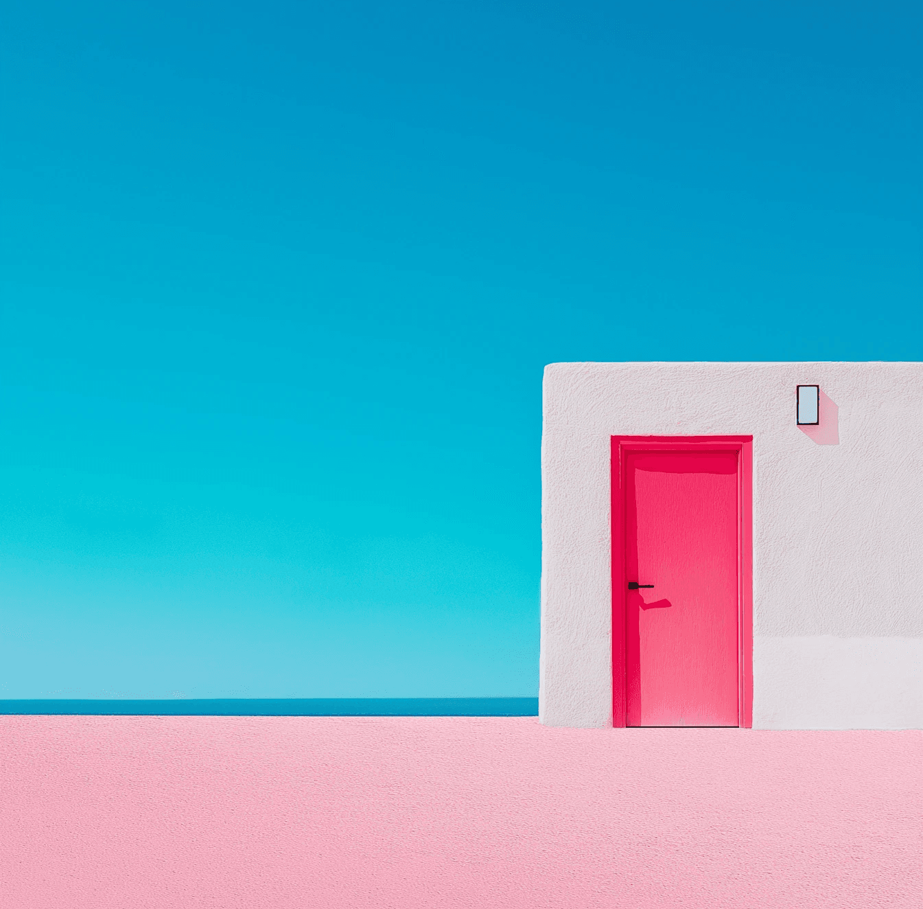 White building with pink door under blue sky, pink ground