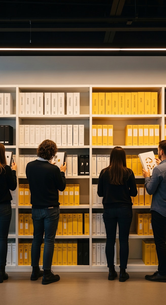 People Browse books and files on shelves in a well-organized library or office.