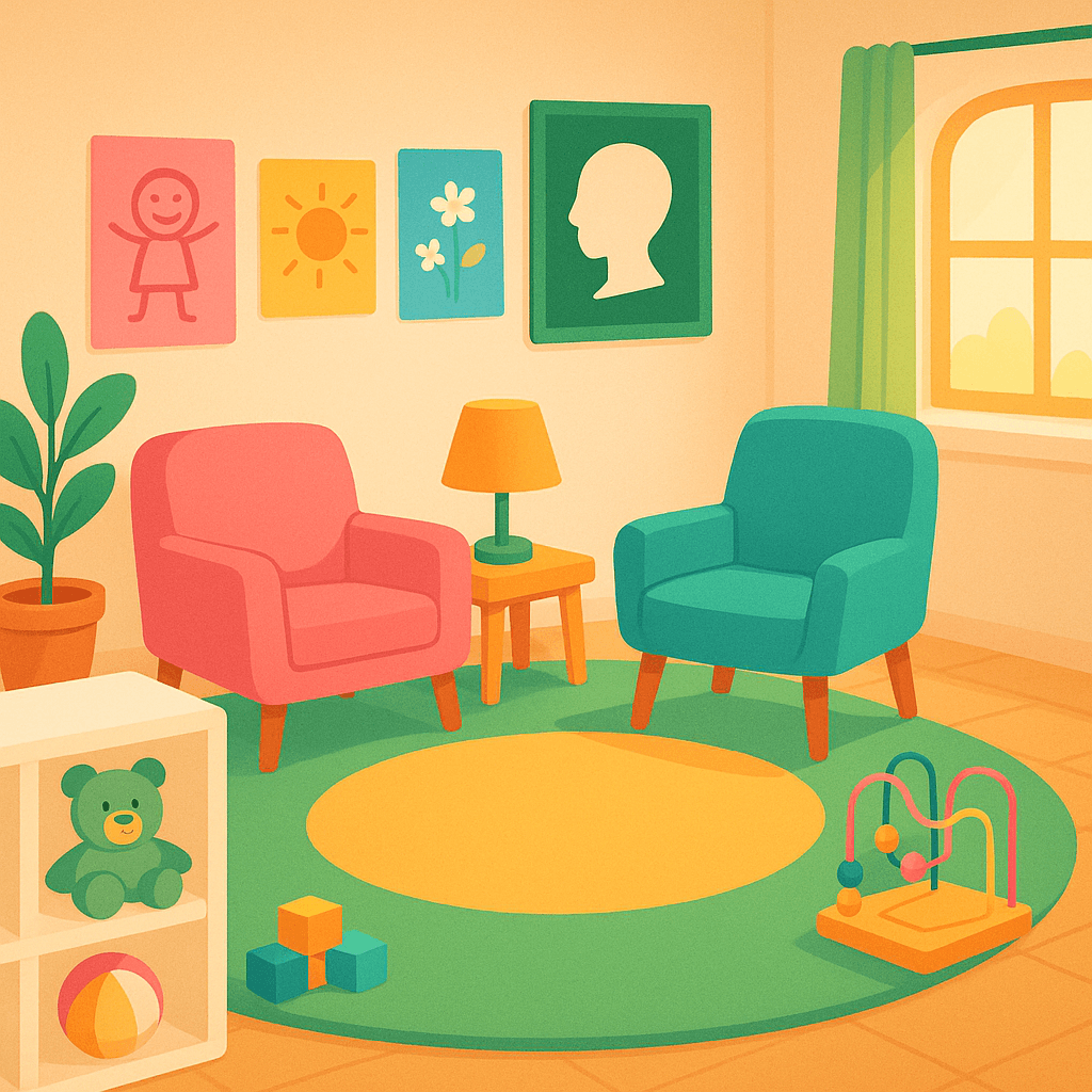 Illustration of a child psychologist's office with welcoming, child-friendly environment