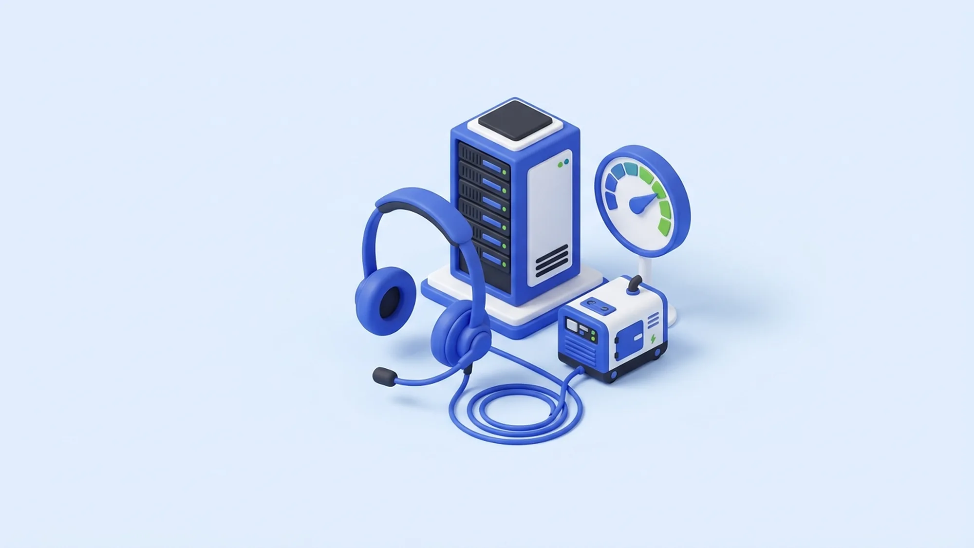 3D-illustrasjon av infrastrukturen i en outsourcet ettermarkedservice: VoIP, fiber og nødstrøm