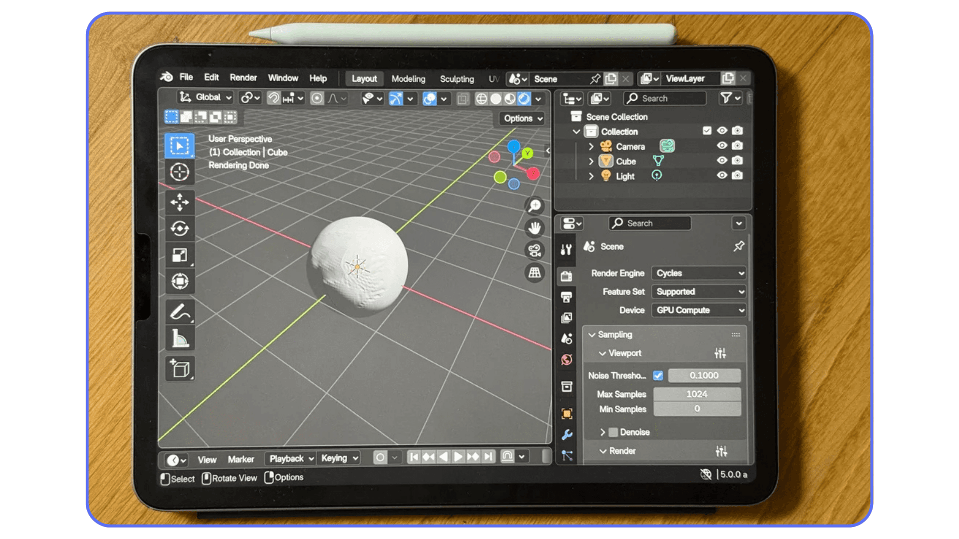 Basic 3D object shown in Blender viewport accessed on an iPad