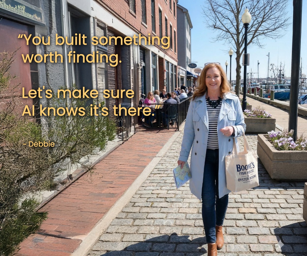 Debbie Anderson, founder of Beacon4.ai, walking along the Portland Maine waterfront with the quote: You built something worth finding. Let's make sure AI knows it's there.