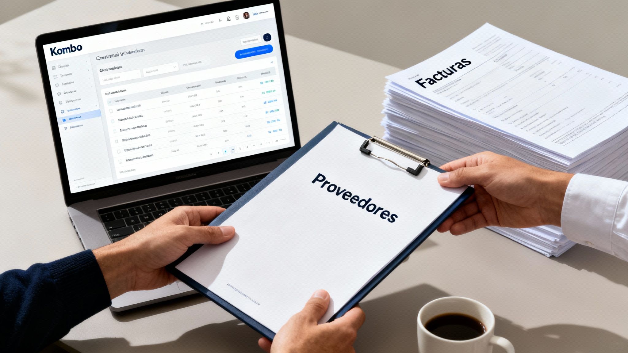 Dos personas colaborando en la gestión de documentos con un portátil, facturas y un portapapeles de proveedores.
