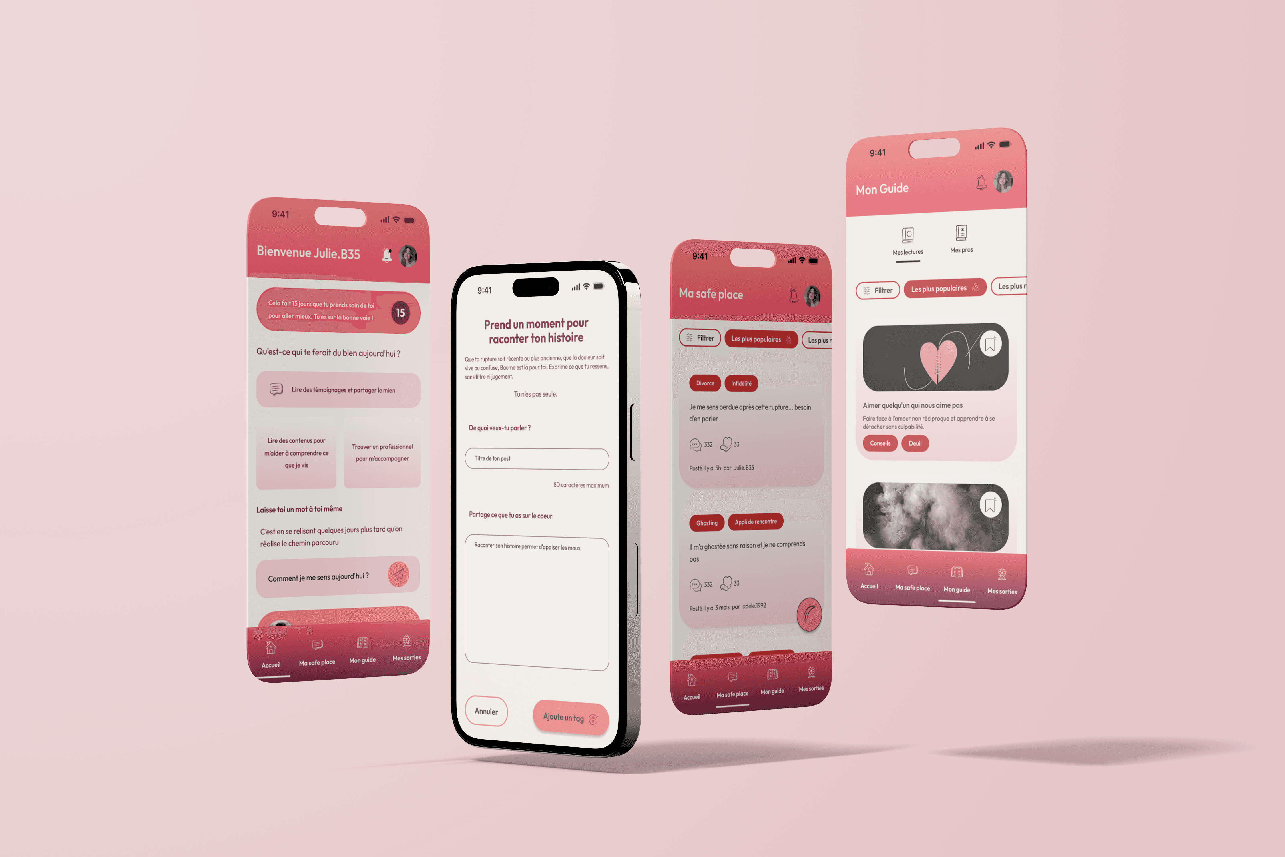 écrans de l'application mobile Baume