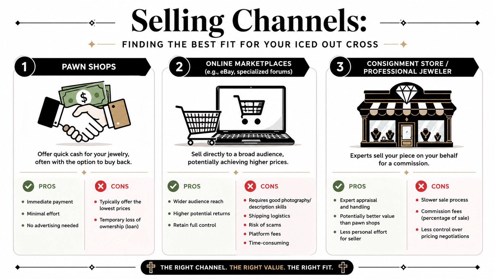 A comparison guide for selling an iced out cross chain through pawn shops, marketplaces, or jewelers.
