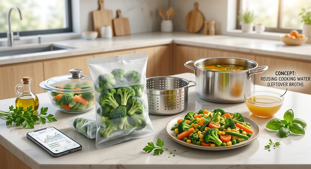 A premium kitchen counter display for a healthy cooking guide. It shows a frozen bag of broccoli, a stainless steel steamer basket, a covered microwave glass bowl, olive oil, fresh herbs, a soup pot of simmering broth, and a final served plate of cooked colorful vegetables. Conceptually labeled with "REUSING COOKING WATER (LEFTOVER BROTH)" to emphasize nutrient conservation. No branding.