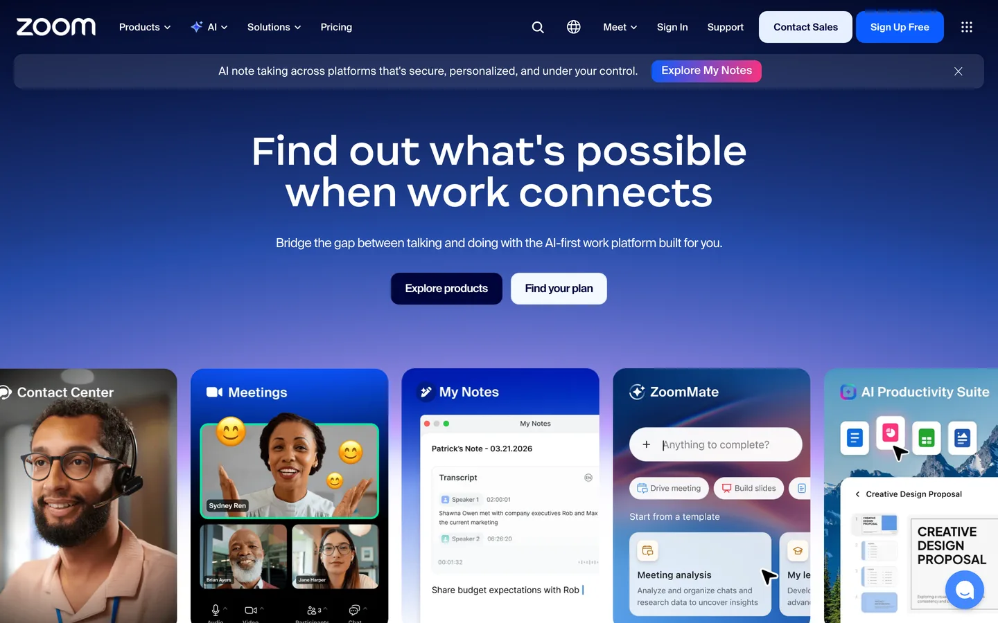Zoom's website, where free local recording lives in the desktop app