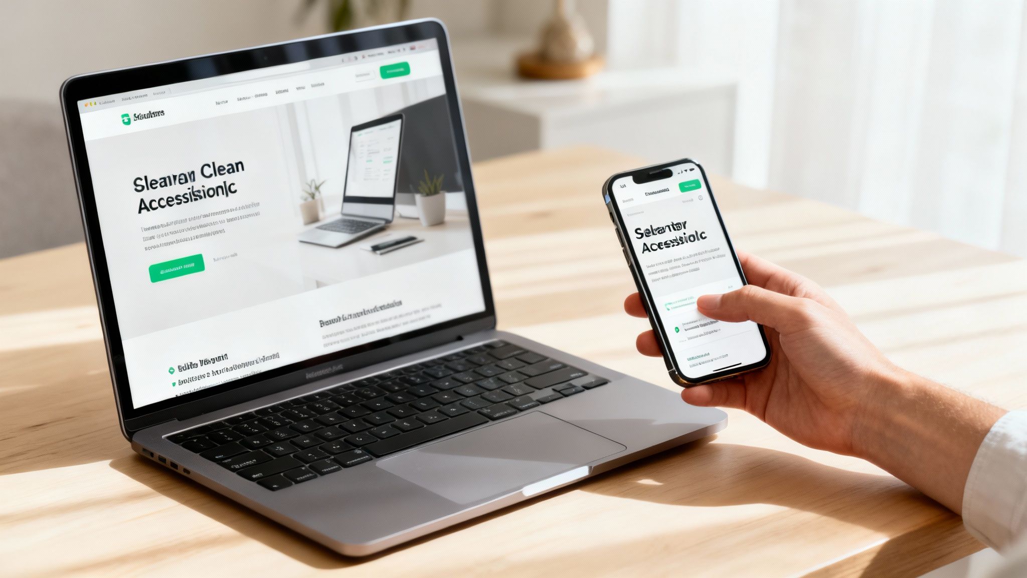 A team of designers collaborating on a website layout on a large screen, showing a clean and user-friendly interface.