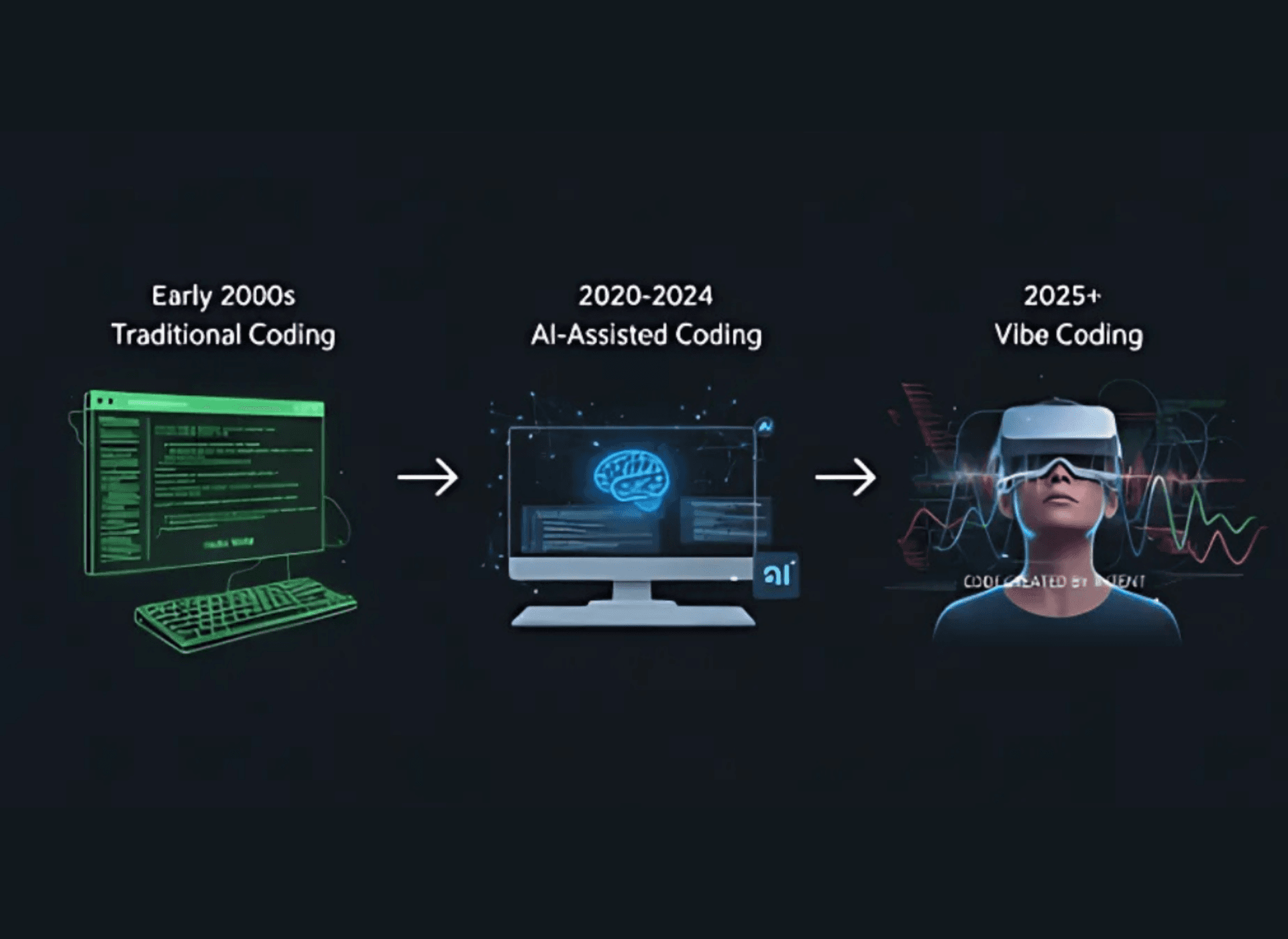 A timeline graphic showing the evolution from traditional coding (early 2000s) to AI-assisted coding (2020-2024) to vibe coding (2025).