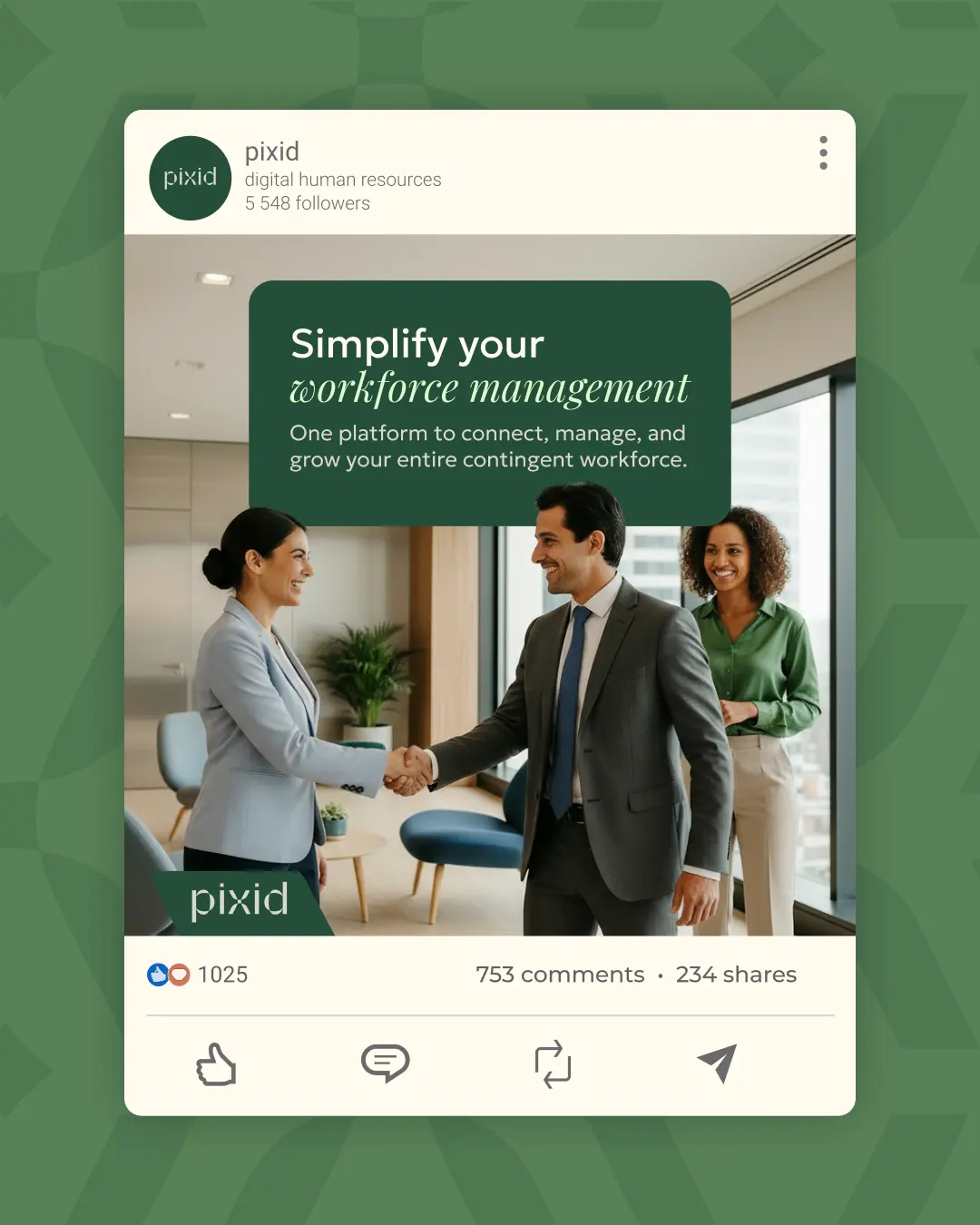 Pixid digital mockups —  Instagram post showing pixid branding and social content, brand application