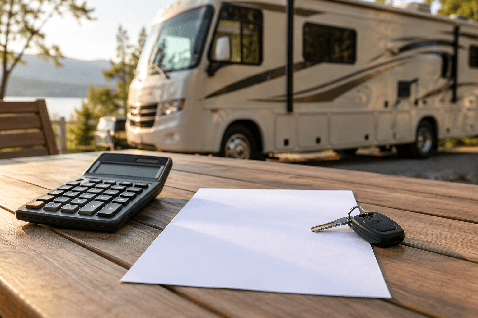 A calculator, blank sheet, and RV key sit on a table beside a motorhome.