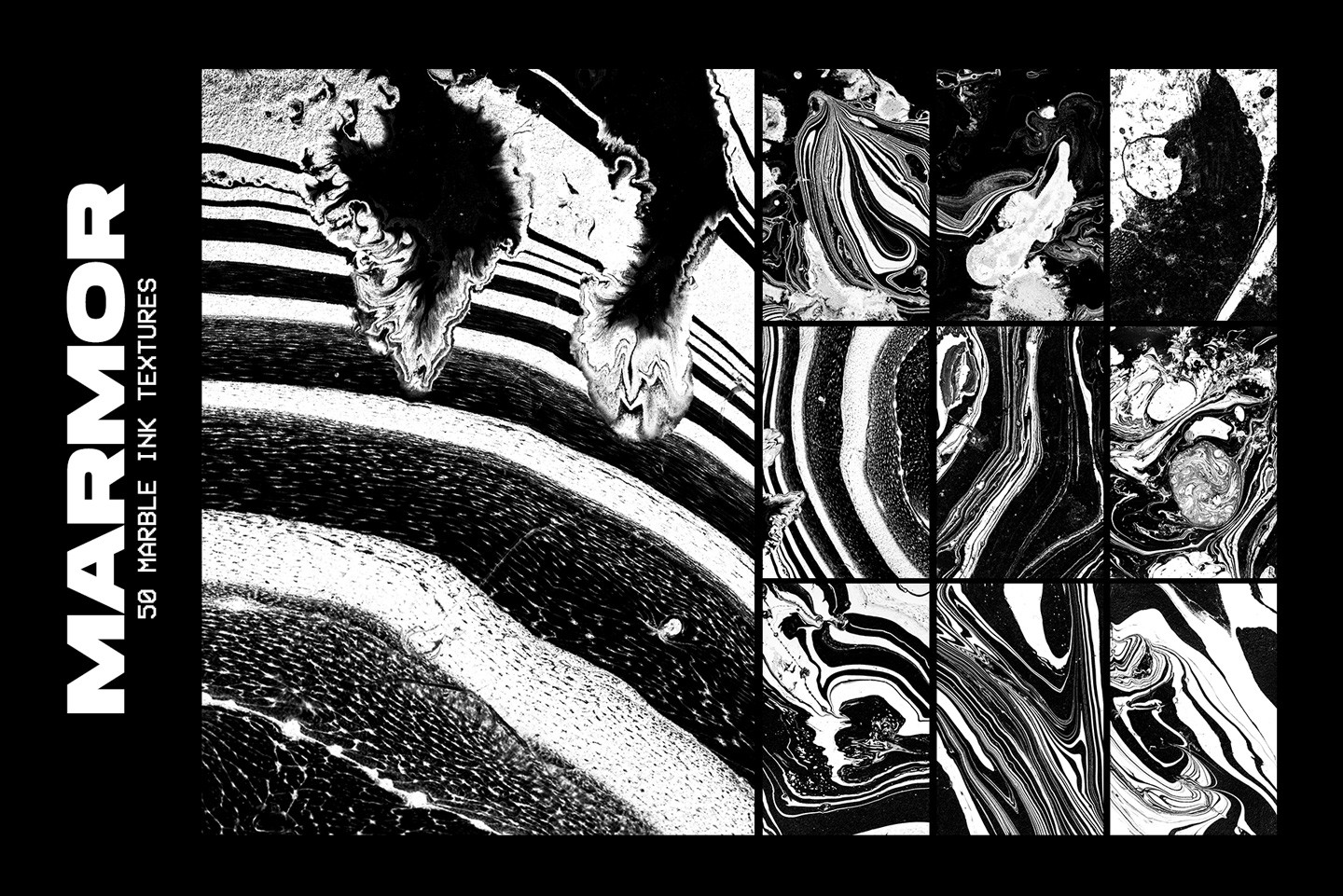 Fifty marble ink swirled textures featuring high contrast black and white organic liquid patterns