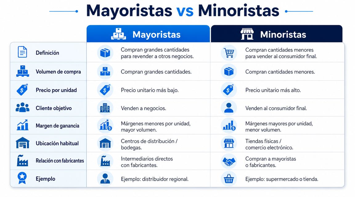 Cuadro comparativo que muestra las principales diferencias entre empresas mayoristas y empresas minoristas en el mercado.