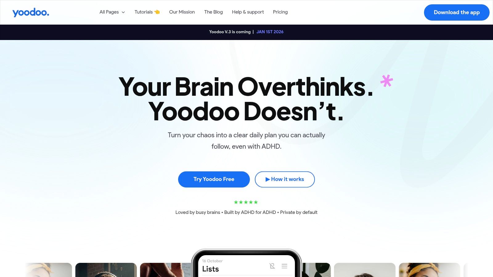 Yoodoo app interface showing a time-blocked schedule and focus timer