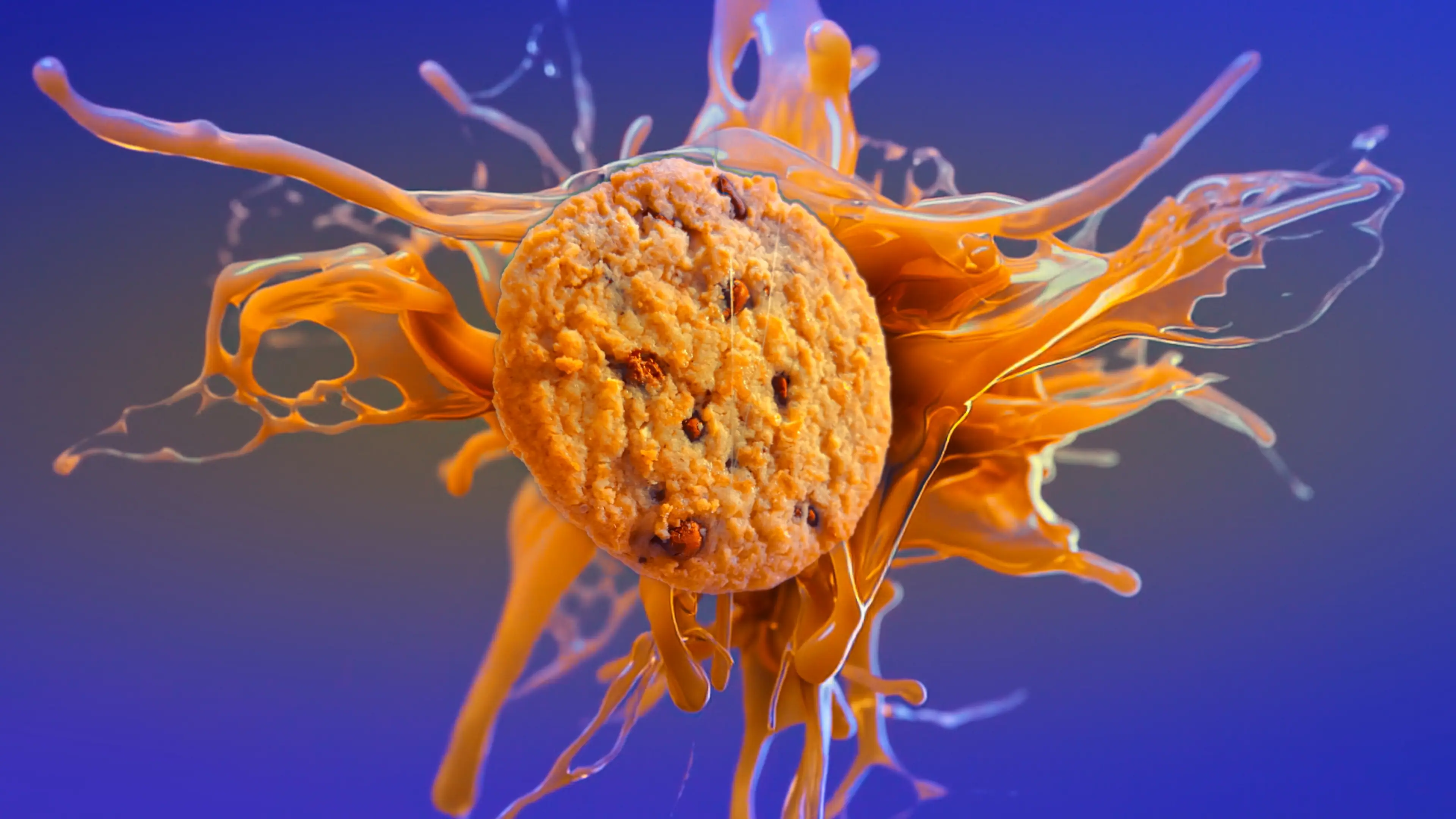 A crunchy chocolate chip cookie is surrounded by a dynamic splash of caramel on a vibrant blue background, creating a striking contrast and a sense of movement.