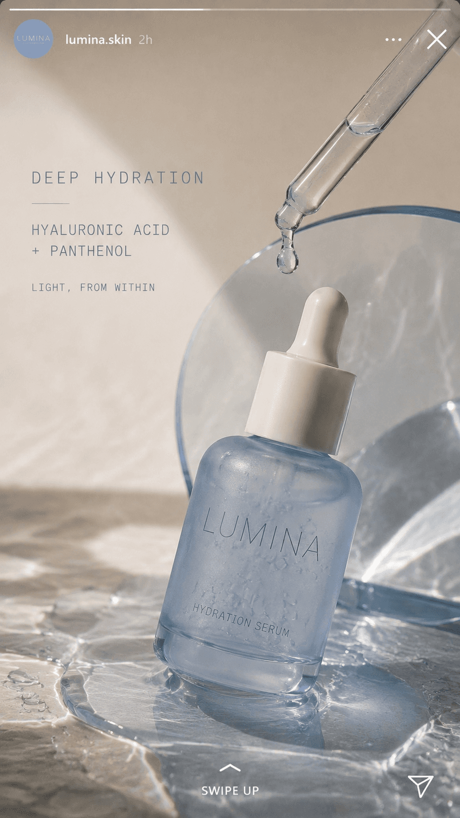 3. Lumina Instagram Story featuring the Hydration Serum beneath a suspended glass dropper.