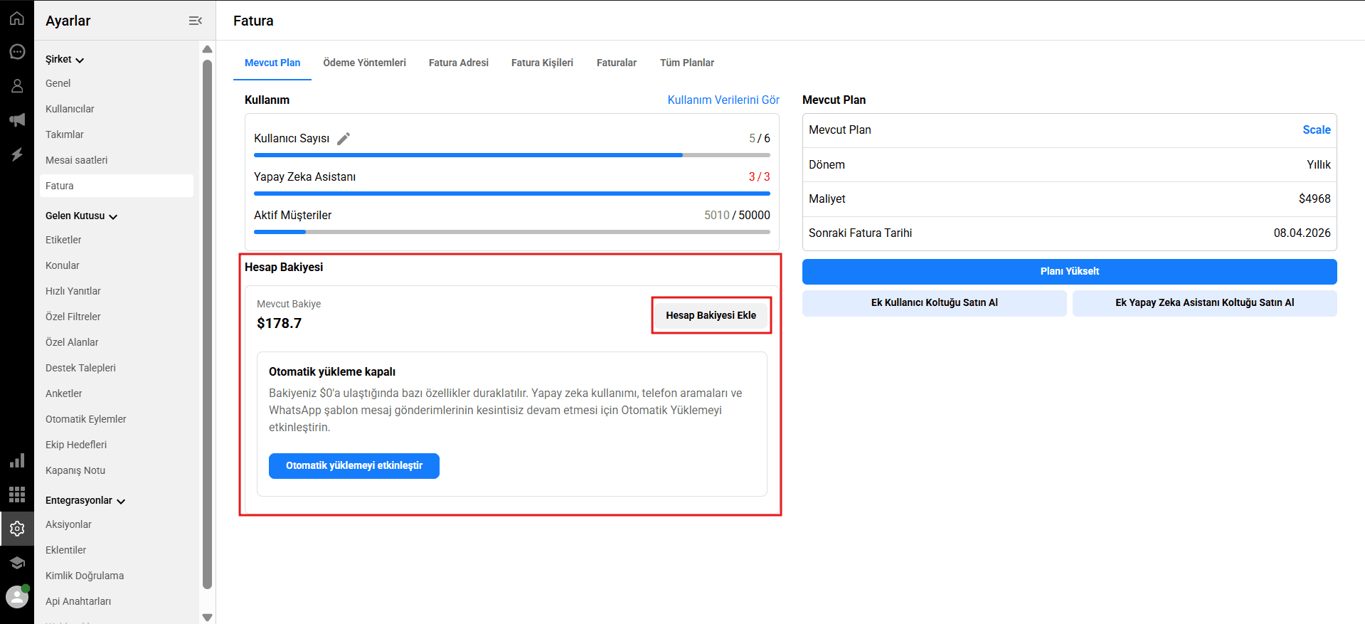 Account balance section and add account balance button in Qpien billing settings
