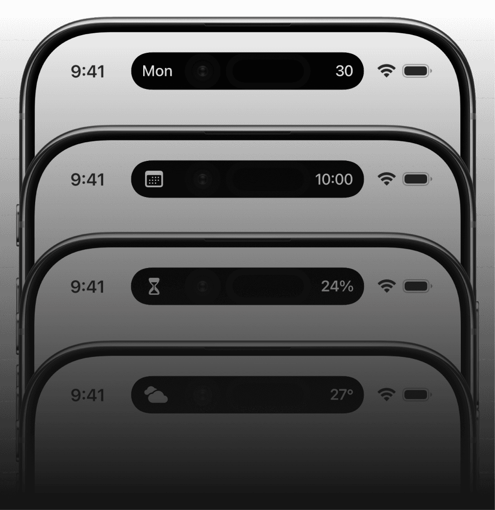 4 iPhones stacked, each displaying different information on the dynamic island.