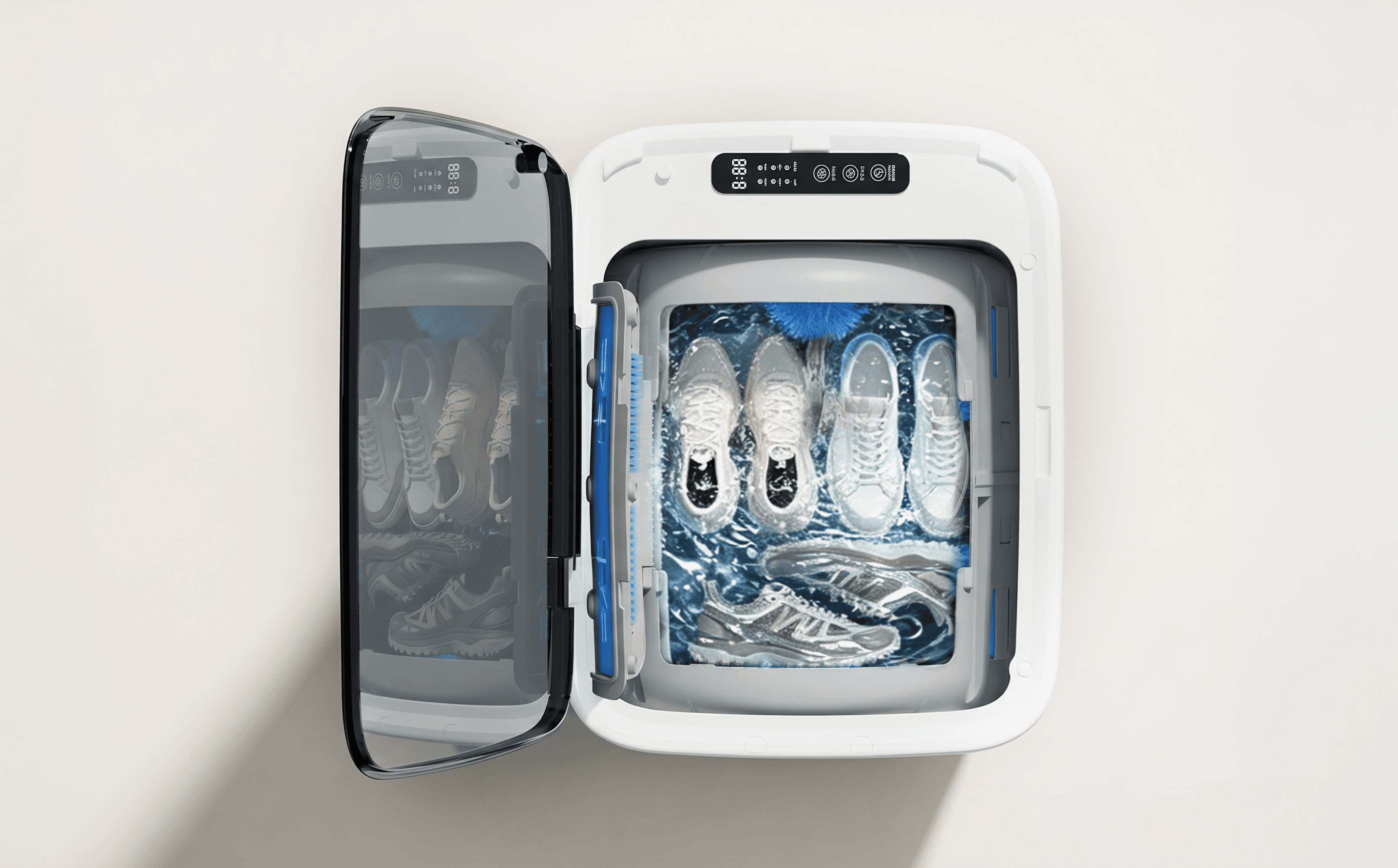 Woman in red outfit poses by a red telephone booth.