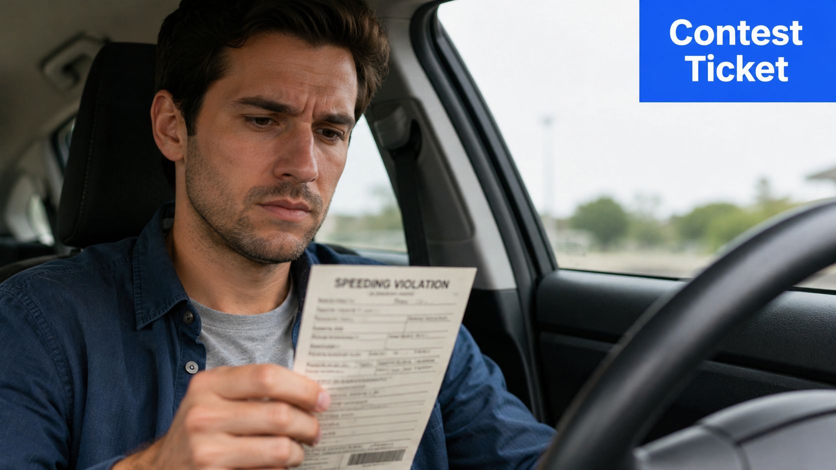 A concerned driver sitting in his car while reading a speeding violation ticket with a worried expression.