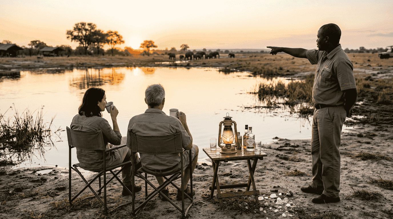 Travelers enjoying sundowner drinks near lagoon
