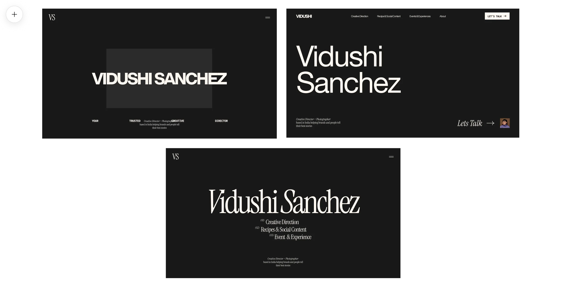 Early visual explorations for Vidushi Singhania’s portfolio identity and homepage.