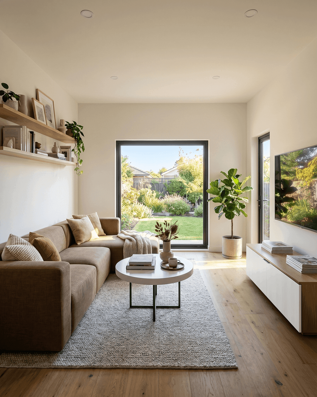 Linea House living room, with l-shaped sofa, tv unit, and picture window