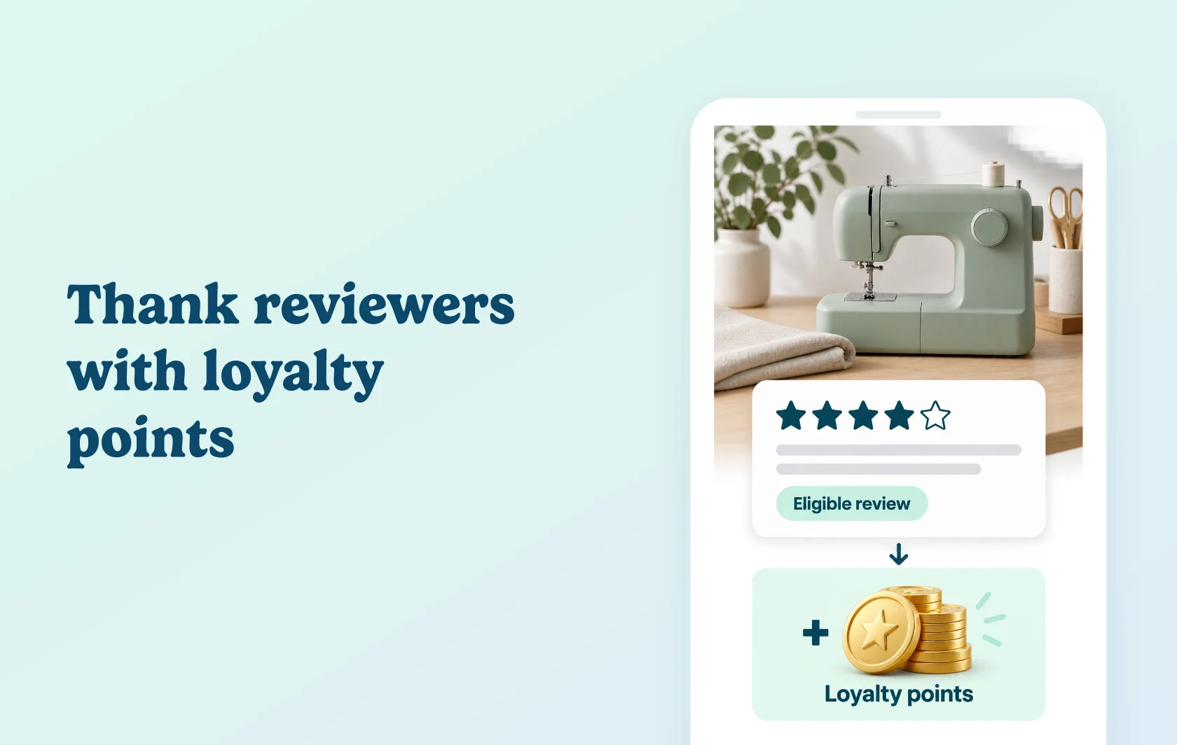 Judge.me and Flits integration: illustration of a sewing machine review connected to a loyalty points card inside a phone.