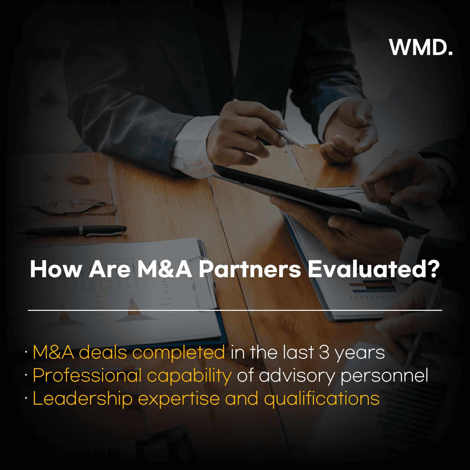 WMD (더블유엠디) card image outlining KIBO M&A Partners evaluation criteria, business meeting scene with M&A track record and expertise factors