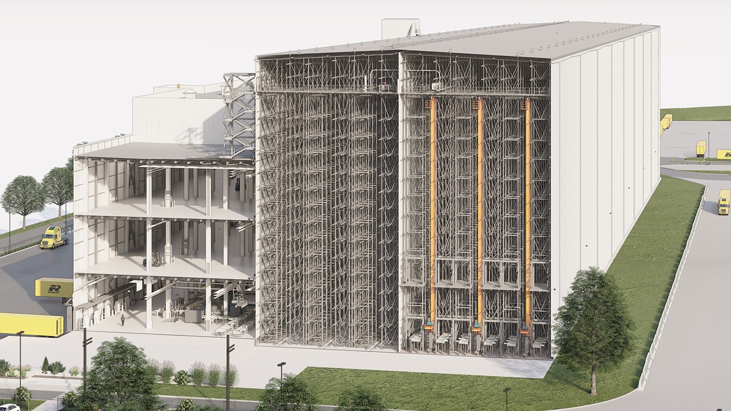 Rendu architectural d’un bâtiment moderne avec structure en acier et murs rideaux vitrés.