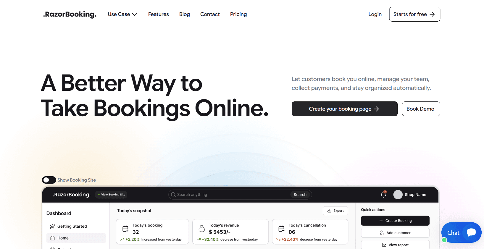 RazorBooking website header with the Login and Starts for free buttons at the top right