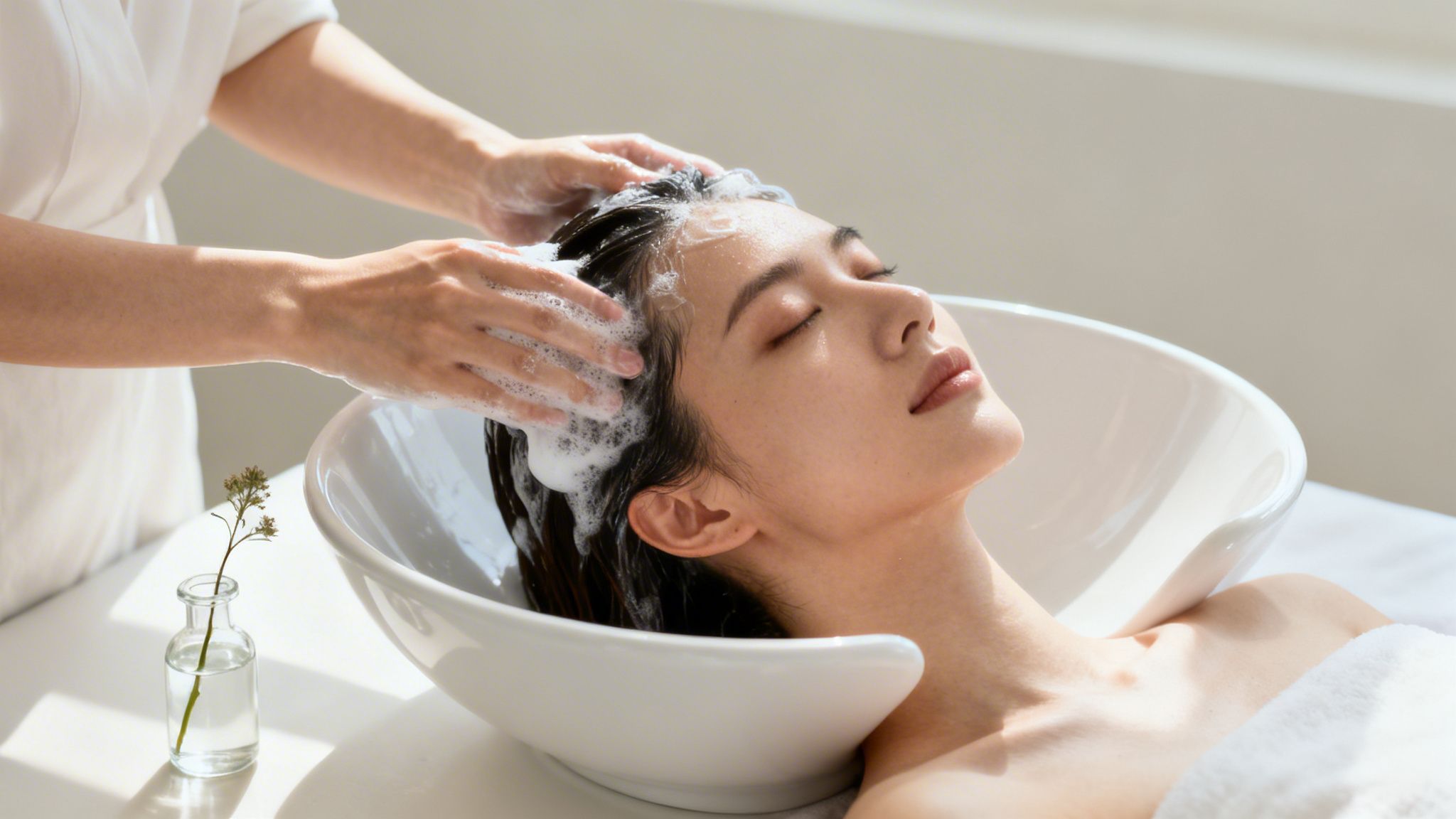 A soothing, hydrating treatment being applied to a woman's scalp in a luxurious spa setting.