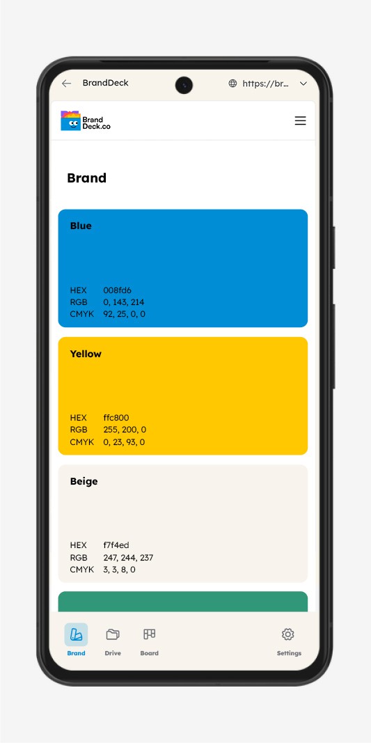 Interactive brand guide on mobile showing colors and logos in BrandDeck