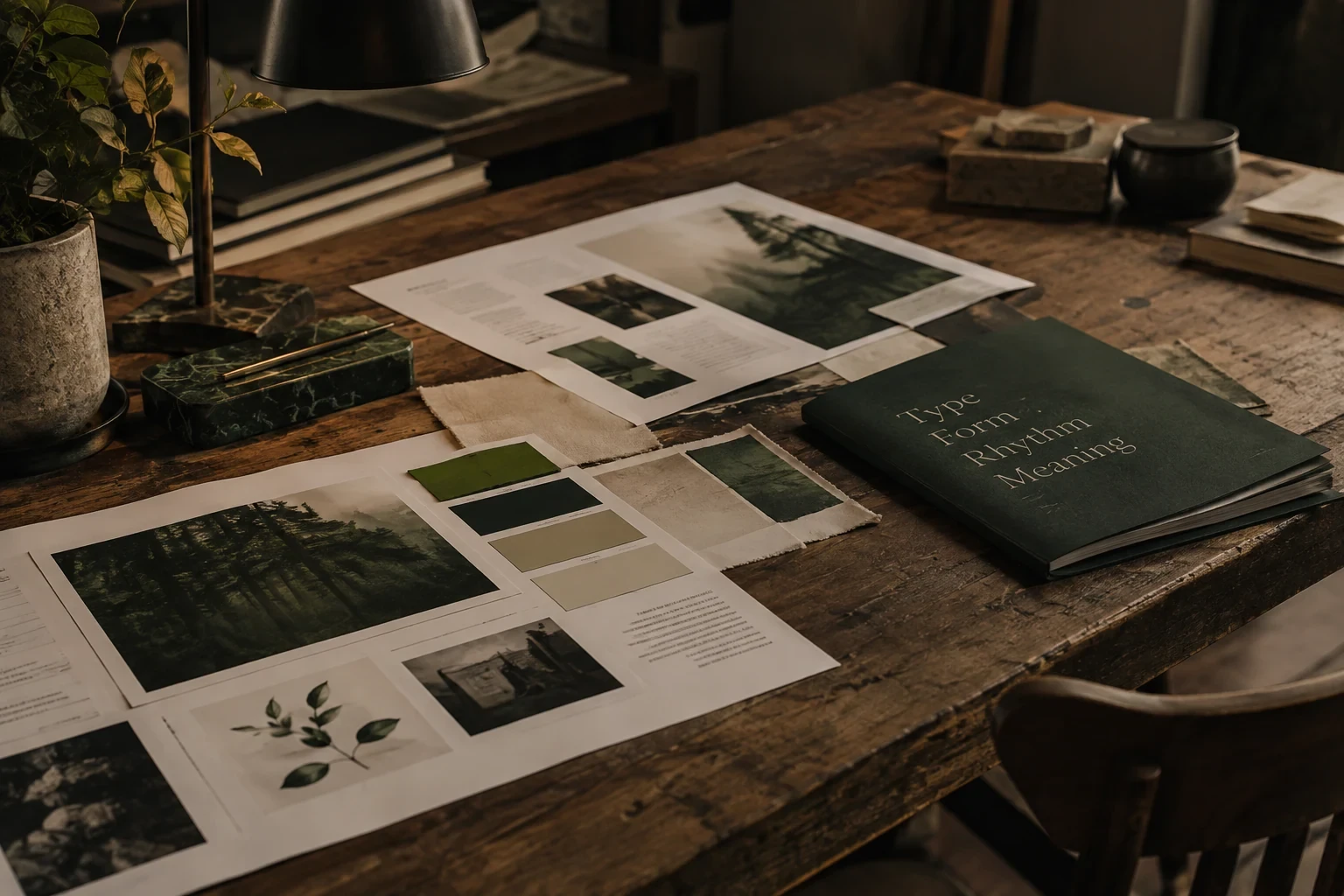 Printed original brand design sheets, forest green and cream color swatches and one typographic booklet on a large studio workbench