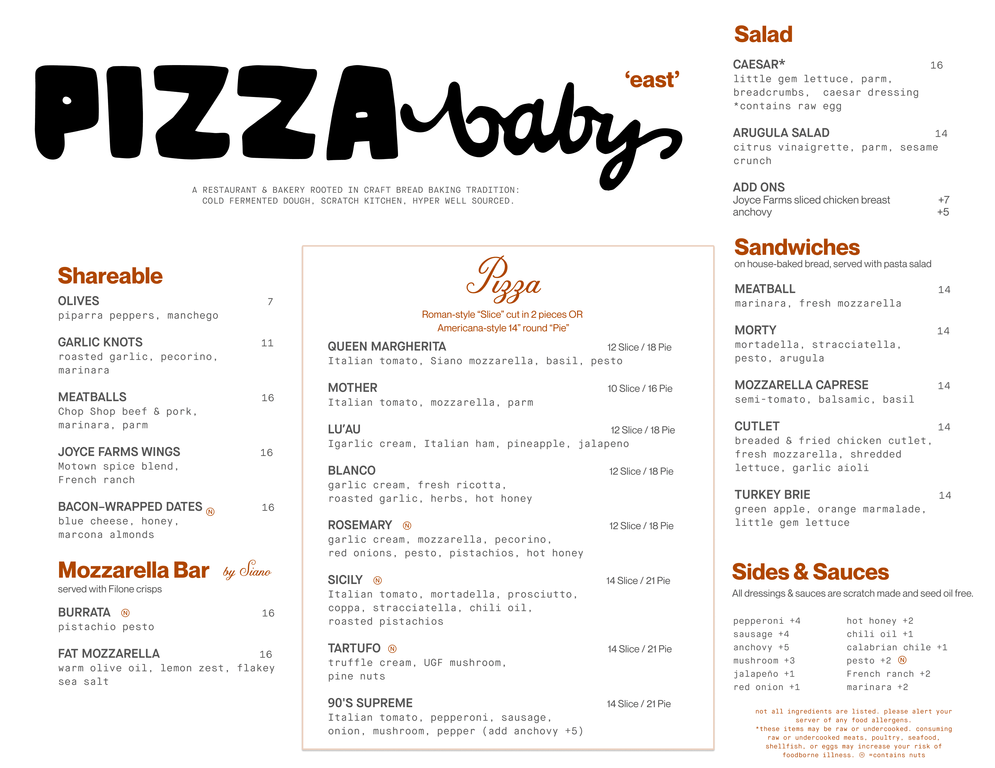 Pizza baby east location menu view