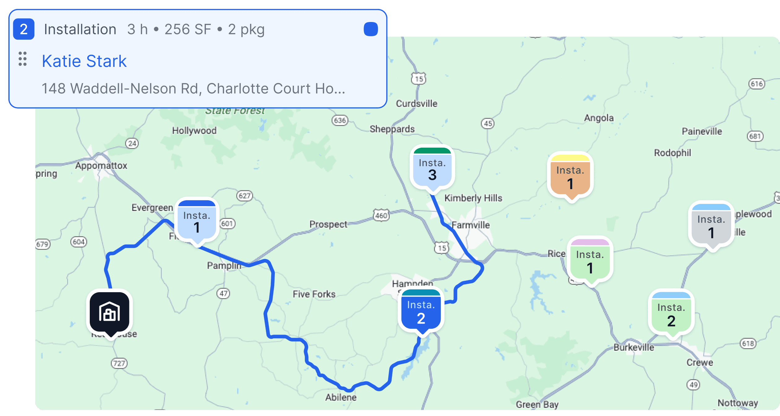 Stonify scheduling and routing view for planning stone fabrication and installation jobs.