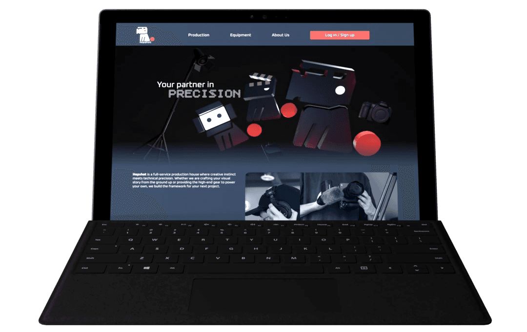 Render of a microsoft surface displaying a Hopshot branded website landing page