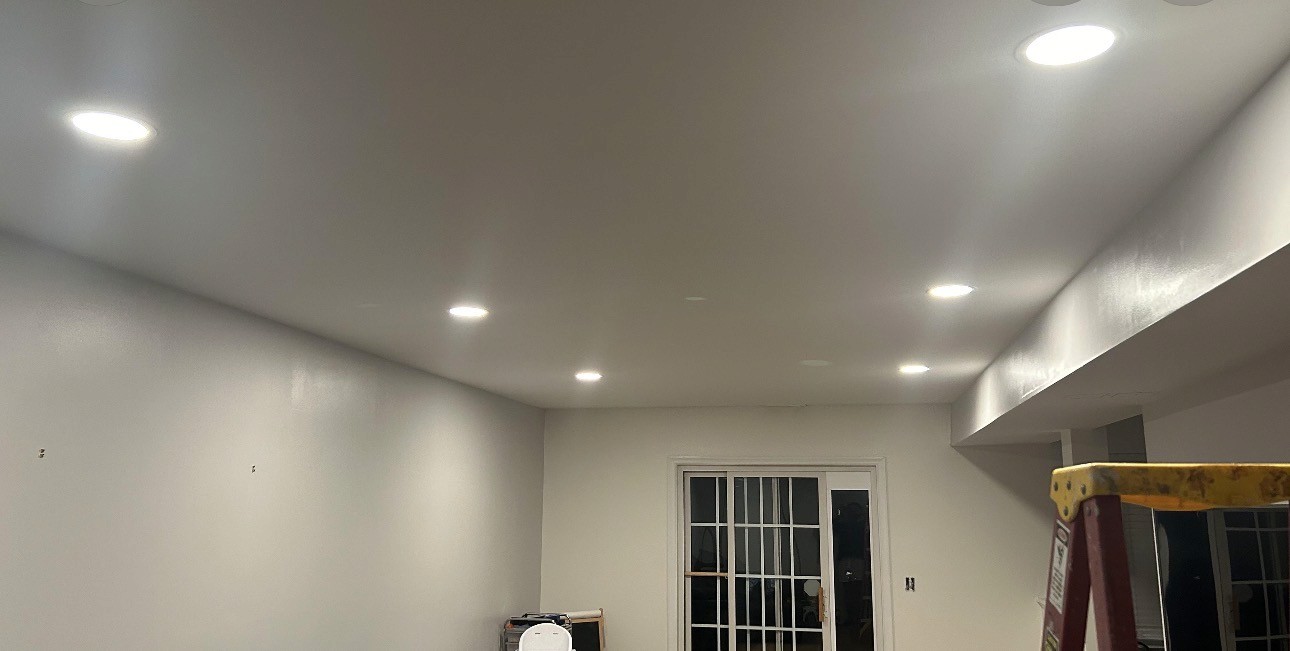 Renovated basement ceiling with multiple LED pot lights