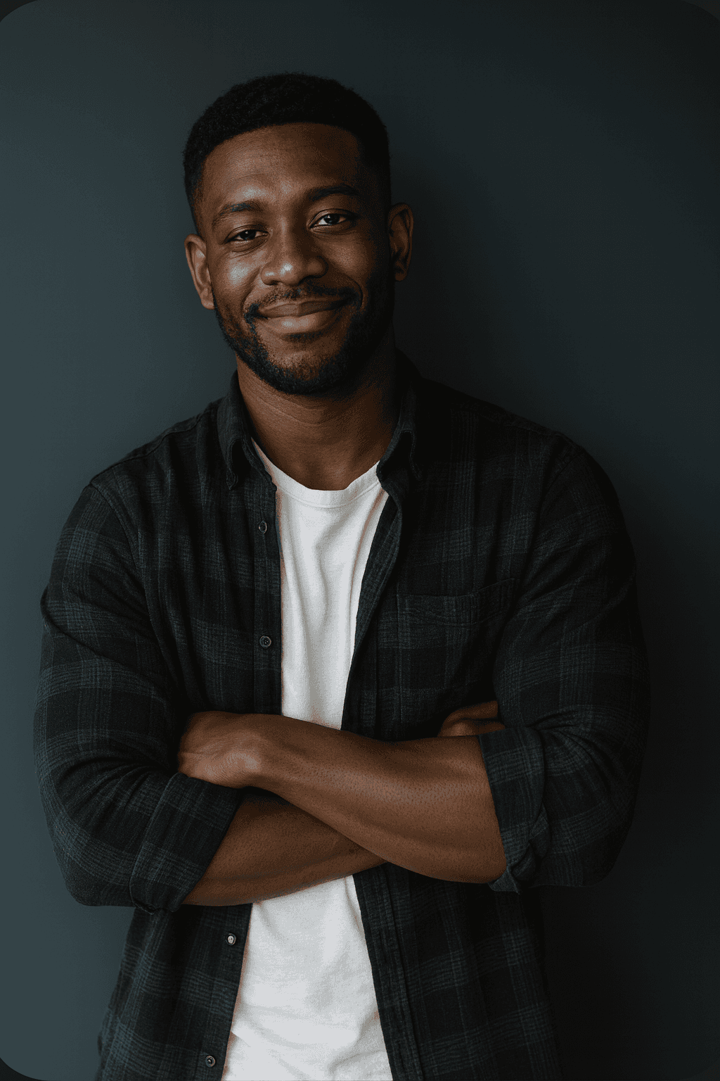 A smiling young man with crossed arms, wearing a plaid shirt and white t-shirt, poses against a dark background.