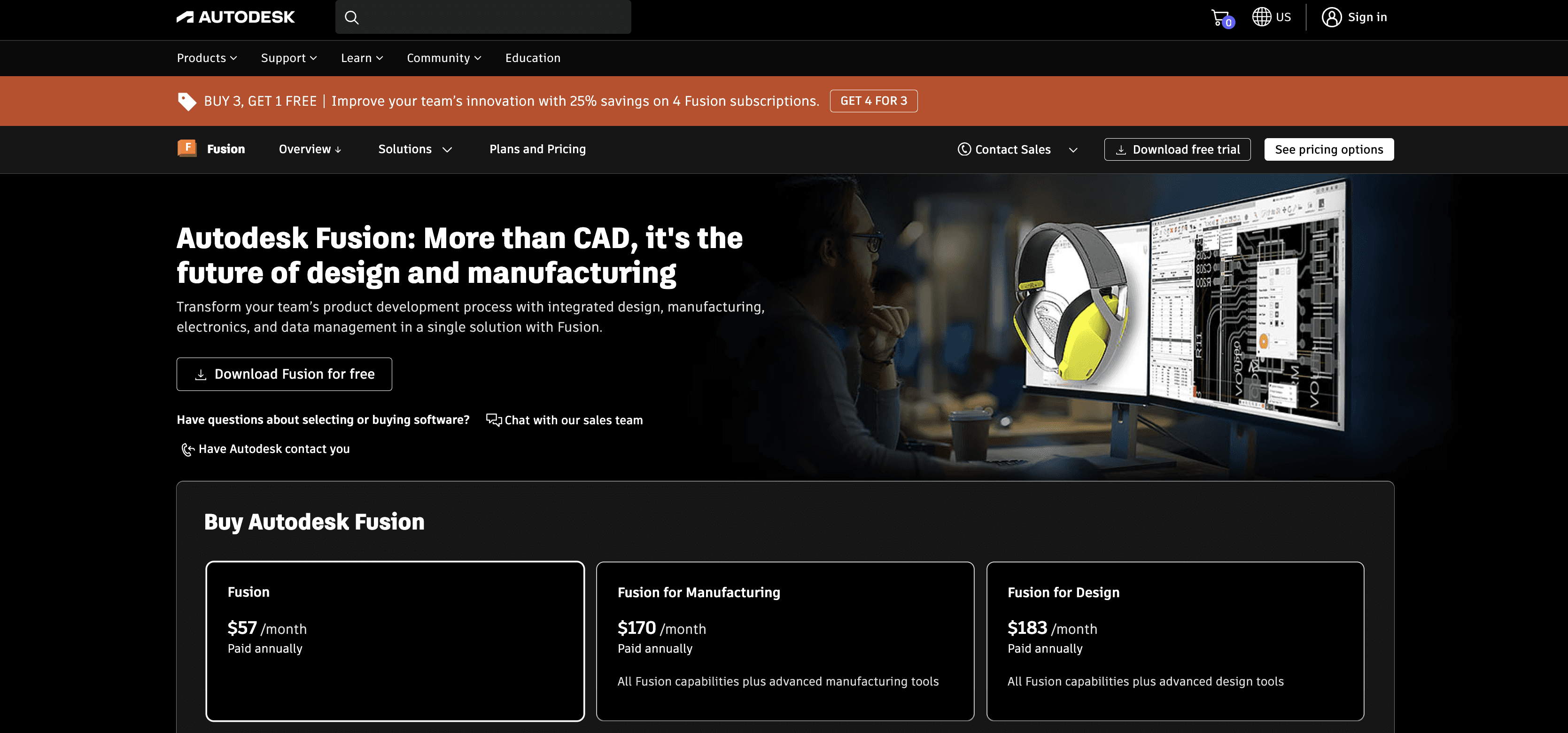 Autodesk Fusion product page screenshot showing CAD, design, and manufacturing software plans