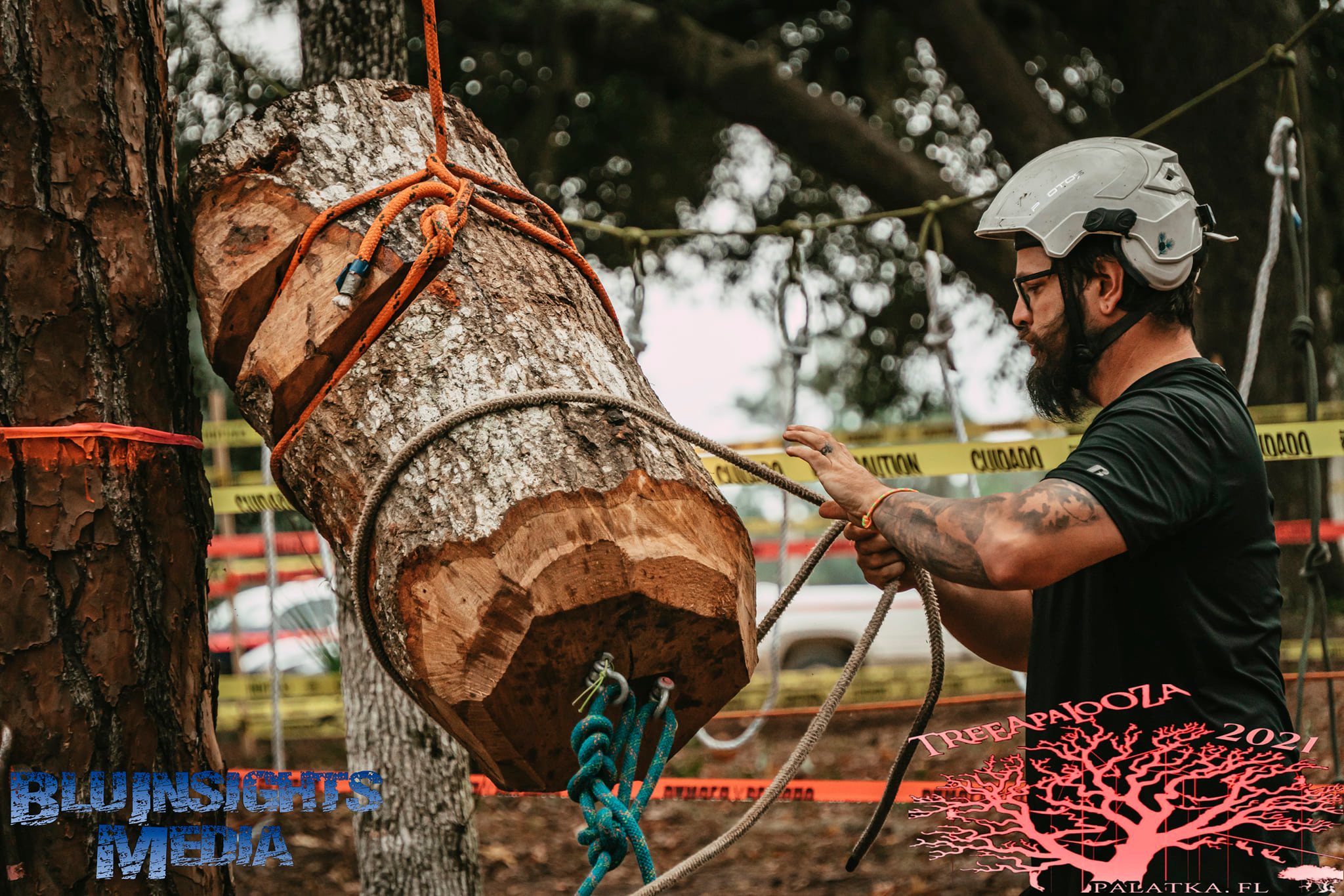 treeapalooza 2021 tree climber tieing ropes around log
