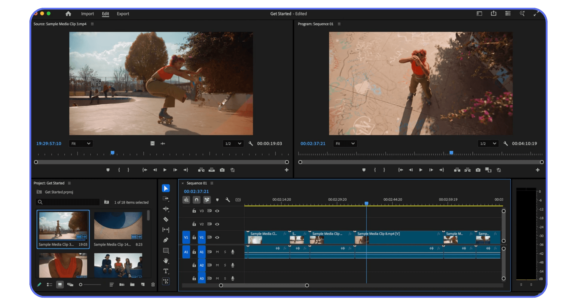 Adobe Premiere Pro timeline view showing a 4K video editing project with dual preview panels and multiple video tracks.