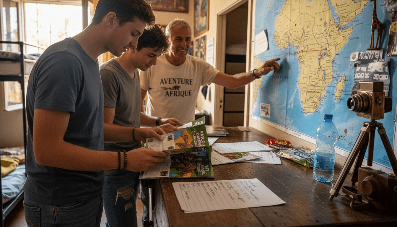 Des voyageurs feuillettent un guide pour préparer leur visite des parcs de safari.