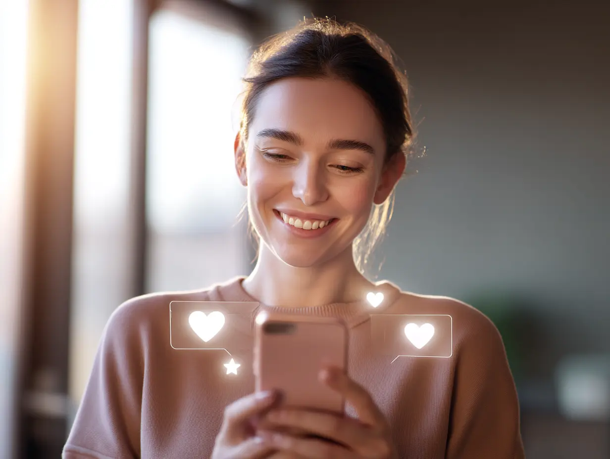 Telefonuna bakan mutlu kadın, uygulama içi etkileşimi ve kullanıcı bağlılığını simgeleyen kalp ikonlarıyla.