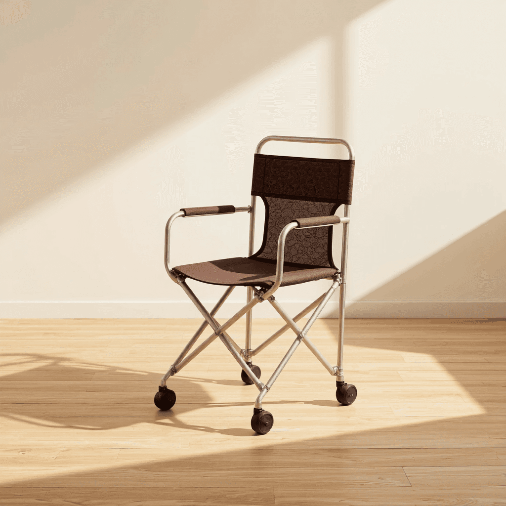 product photography of a portable folding chair with wheels, designed for easy mobility
