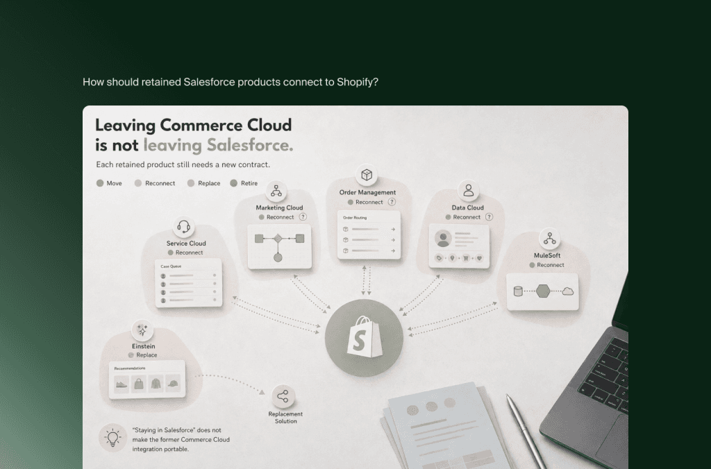 Verbleibende Salesforce-Produkte wie Service Cloud, Marketing Cloud, Data Cloud und MuleSoft, an Shopify angebunden